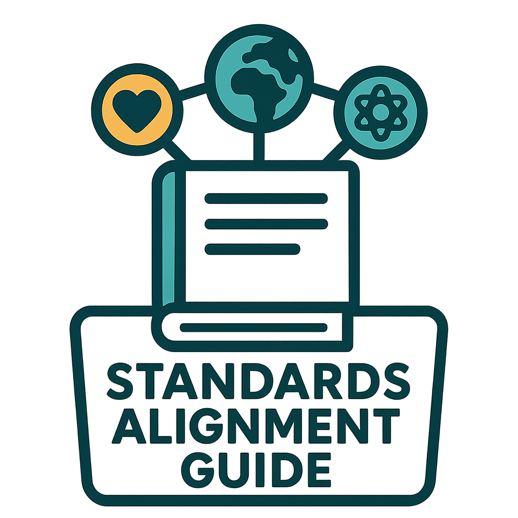 Document and globe icon representing alignment with CASEL, ISTE, IB, and P21 standards