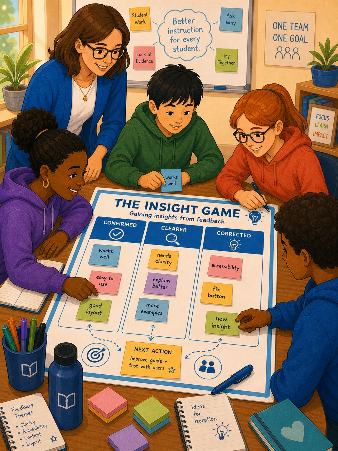 Insight Game template with three feedback synthesis prompts: what was confirmed, what became clearer, and what needs correction.