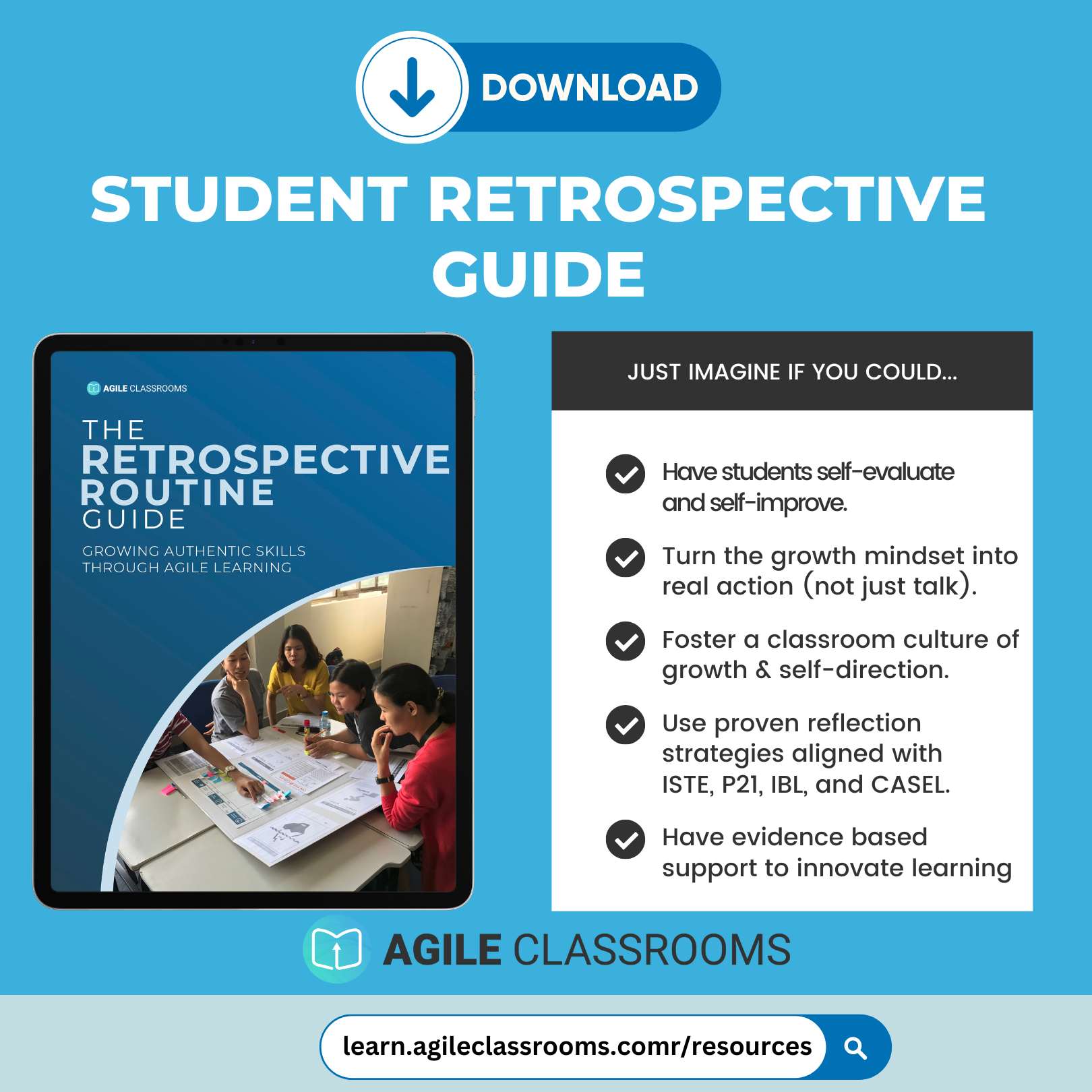 Promotional graphic for downloading the Student Retrospective Guide, showing the Retrospective Routine Guide on a tablet and a checklist of classroom reflection benefits.