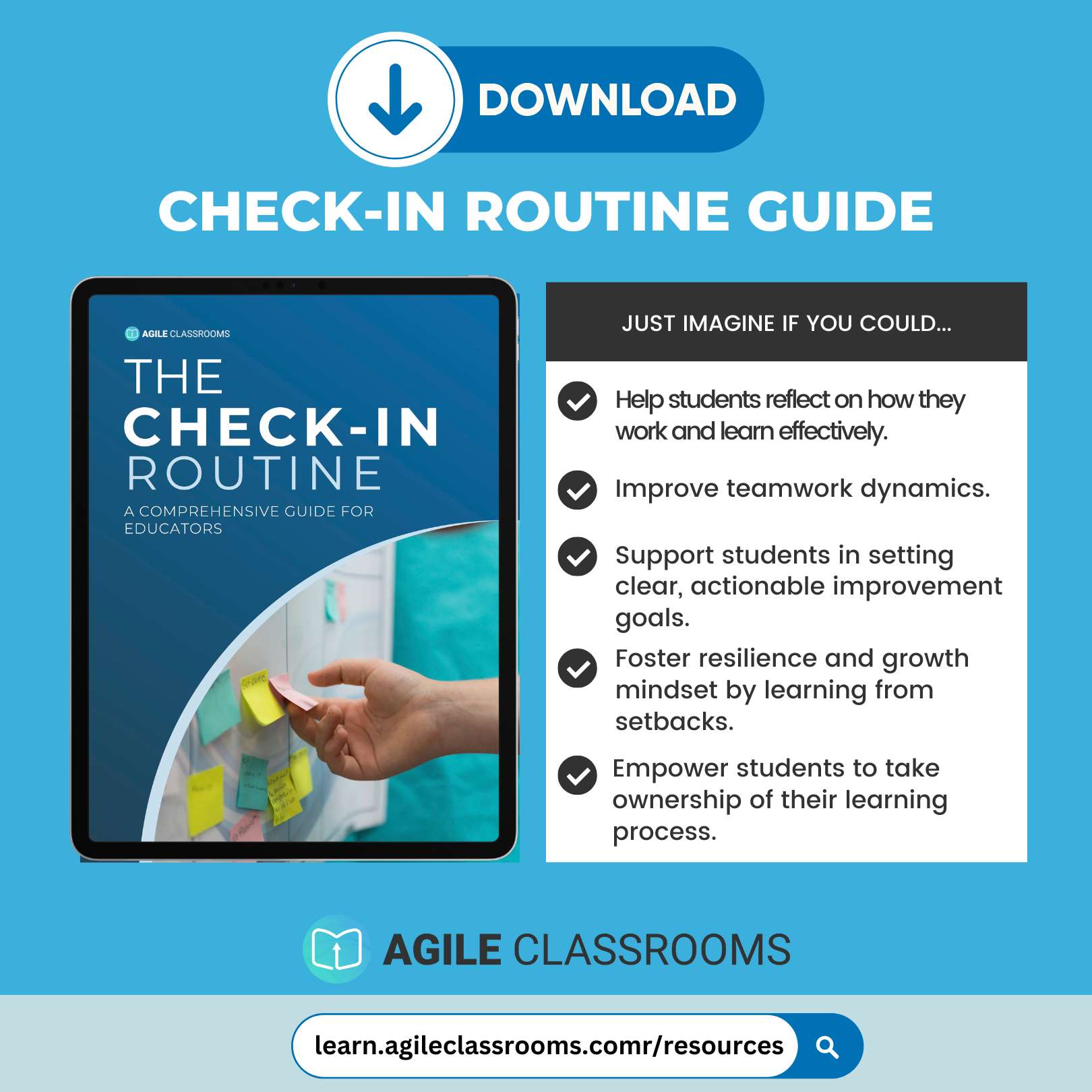 Check-In Routine Guide showing key benefits for students and a tablet displaying sticky notes