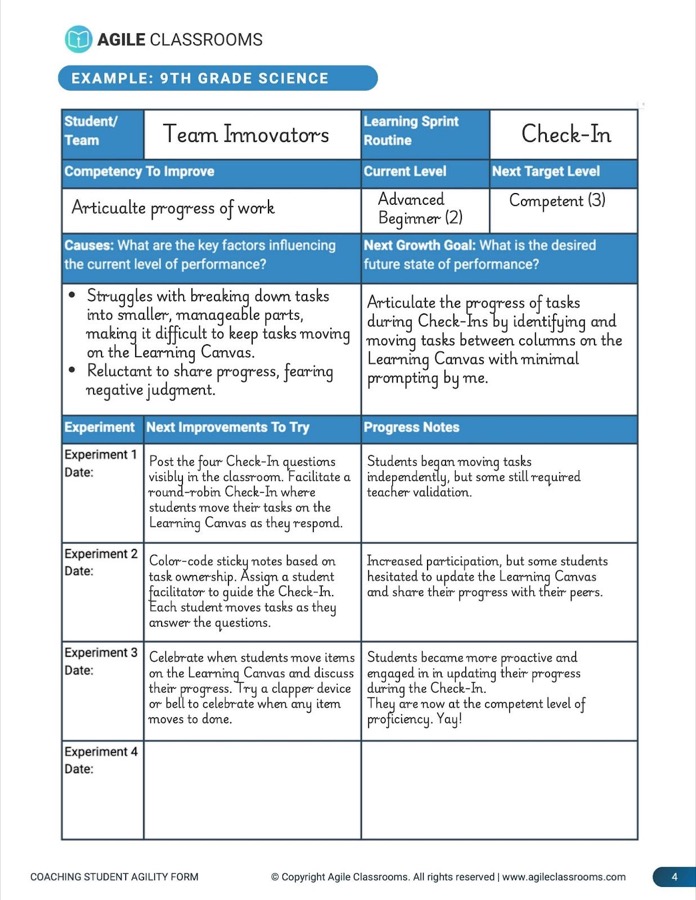 Completed example Student Agility Coaching Form for a 9th grade science team working on the Check-In routine.