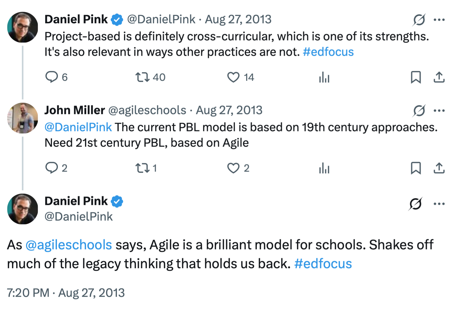 Screenshot of a 2013 Twitter exchange where John Miller says the current PBL model is based on 19th-century approaches and Daniel Pink replies that Agile is a brilliant model for schools.