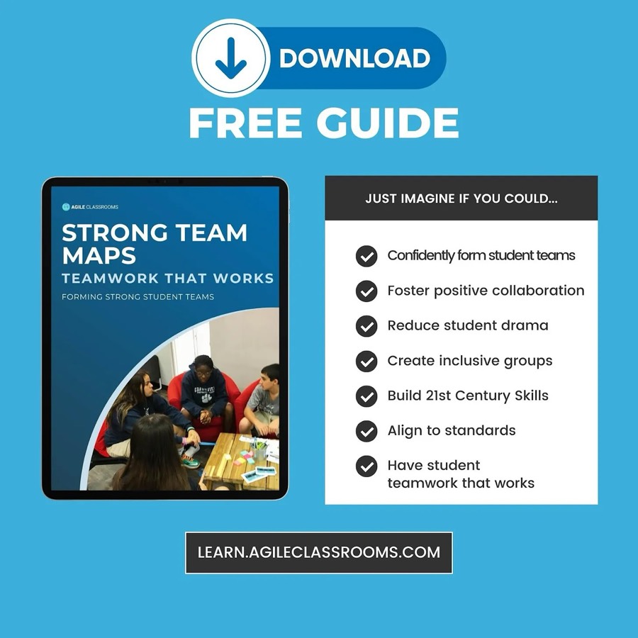 Promotional graphic for the Strong Team Maps free guide, showing students collaborating and a checklist of teamwork benefits.