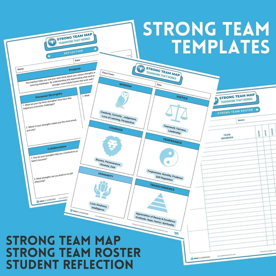 Strong Team Templates graphic showing sample pages for a team map, team roster, and student reflection worksheet.