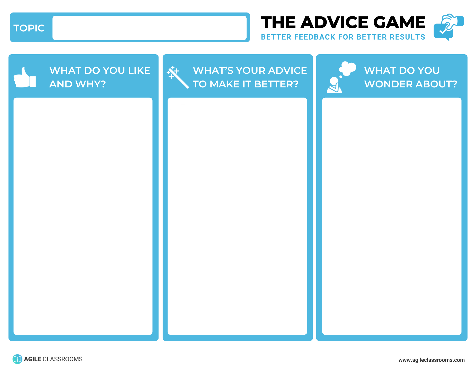 Visual overview of the three Advice Game prompts: What did you like, What's your advice, What do you wonder about.