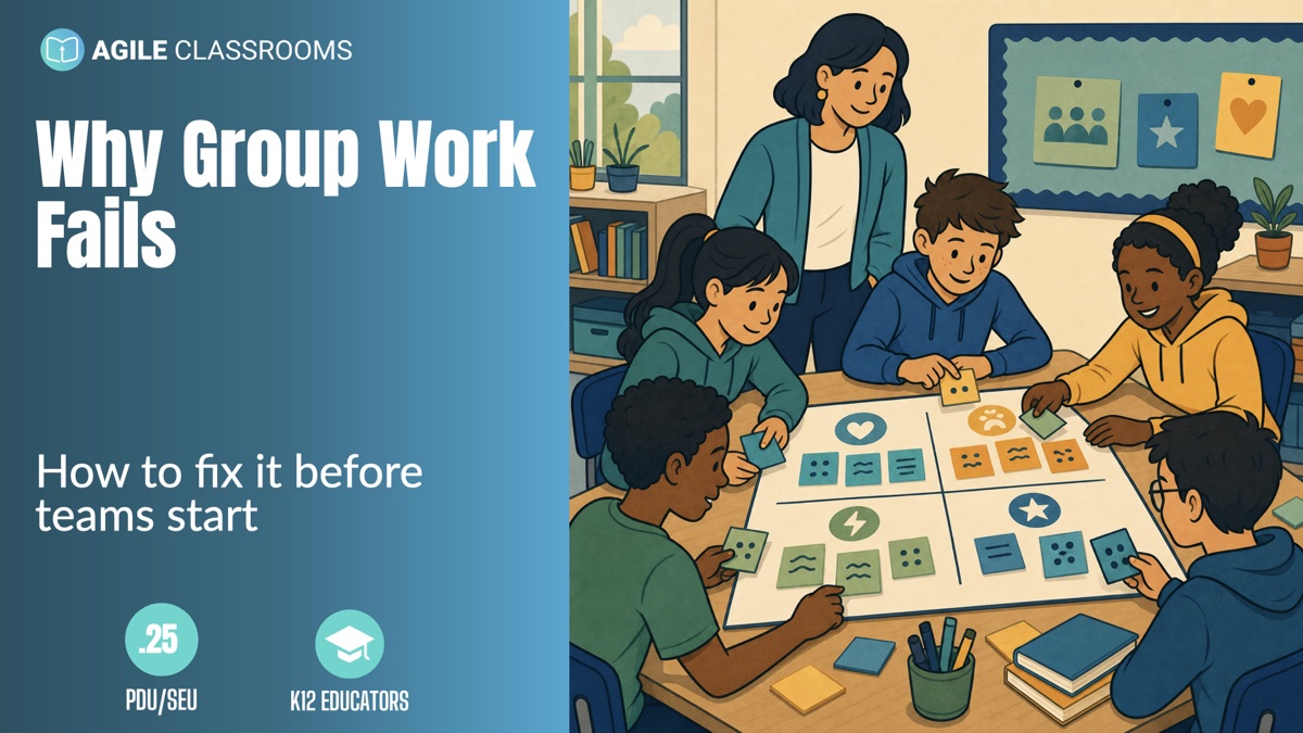 Agile Classrooms blog cover for Why Group Work Fails, showing a teacher and students building a Team Alliance agreement at a classroom table.