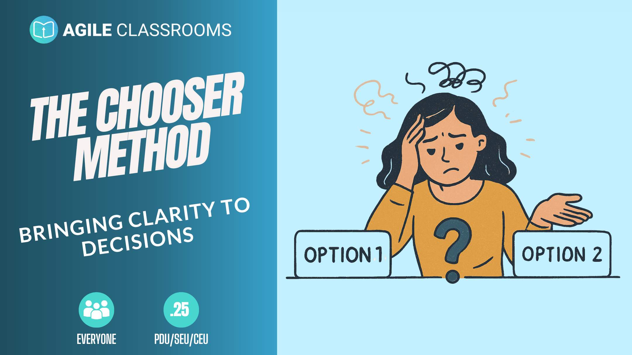 Illustration of a confused woman deciding between two labeled options, with the title "The CHOOSER Method" and tagline "Bringing Clarity to Decisions" displayed on a teal background.