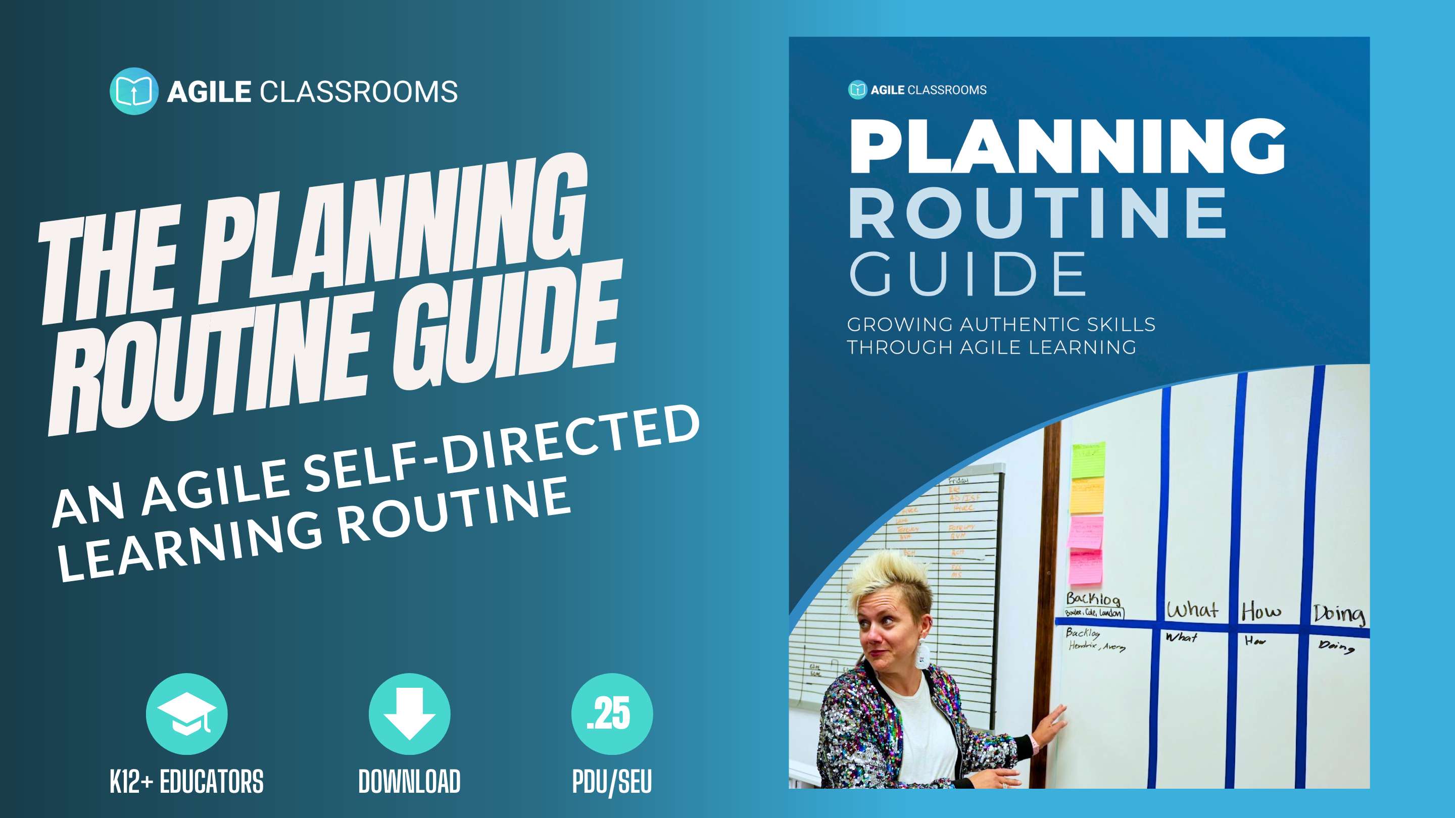 Alt text: “Cover image for The Planning Routine Guide, featuring a teacher pointing to a Learning Canvas with columns labeled Backlog, What, How, and Doing. Text on the graphic reads: ‘The Planning Routine Guide – An Agile Self-Directed Learning Routine’ with icons for K12+ Educators, Download, and 0.25 PDU/SEU.