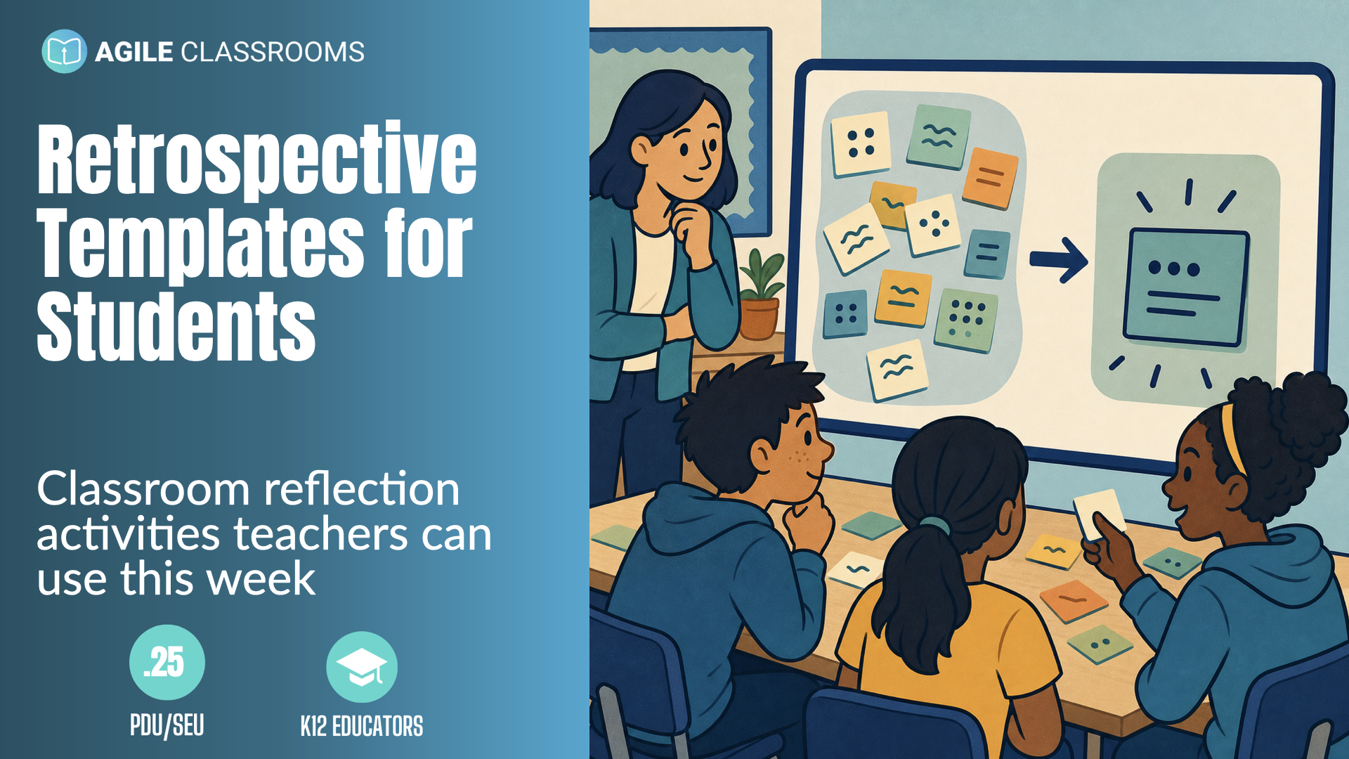 Illustration of a teacher and students turning scattered classroom reflection notes into one clear next-step improvement.