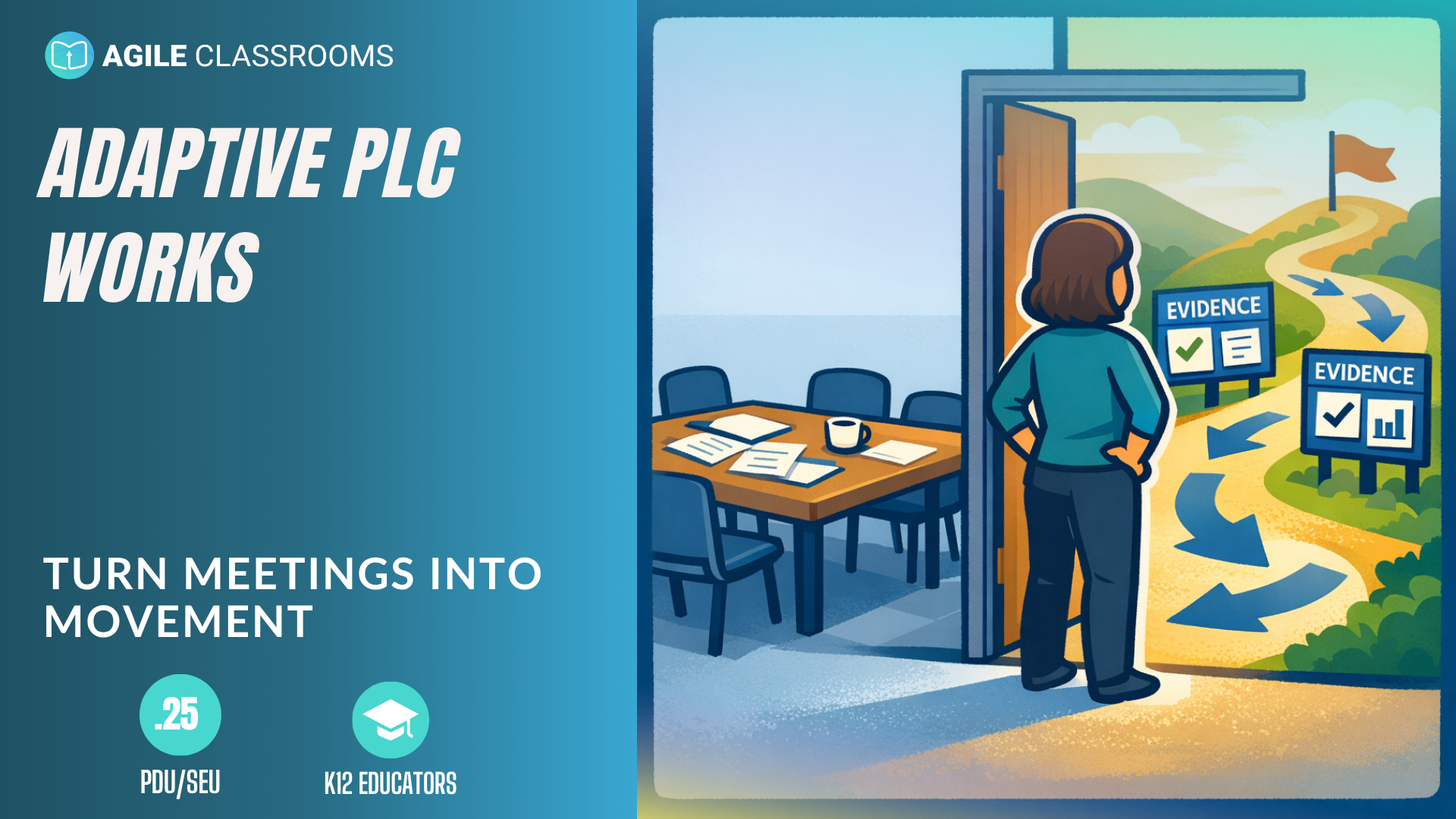 Adaptive PLC cover illustration: educator team turning collaboration into focused improvement cycles.